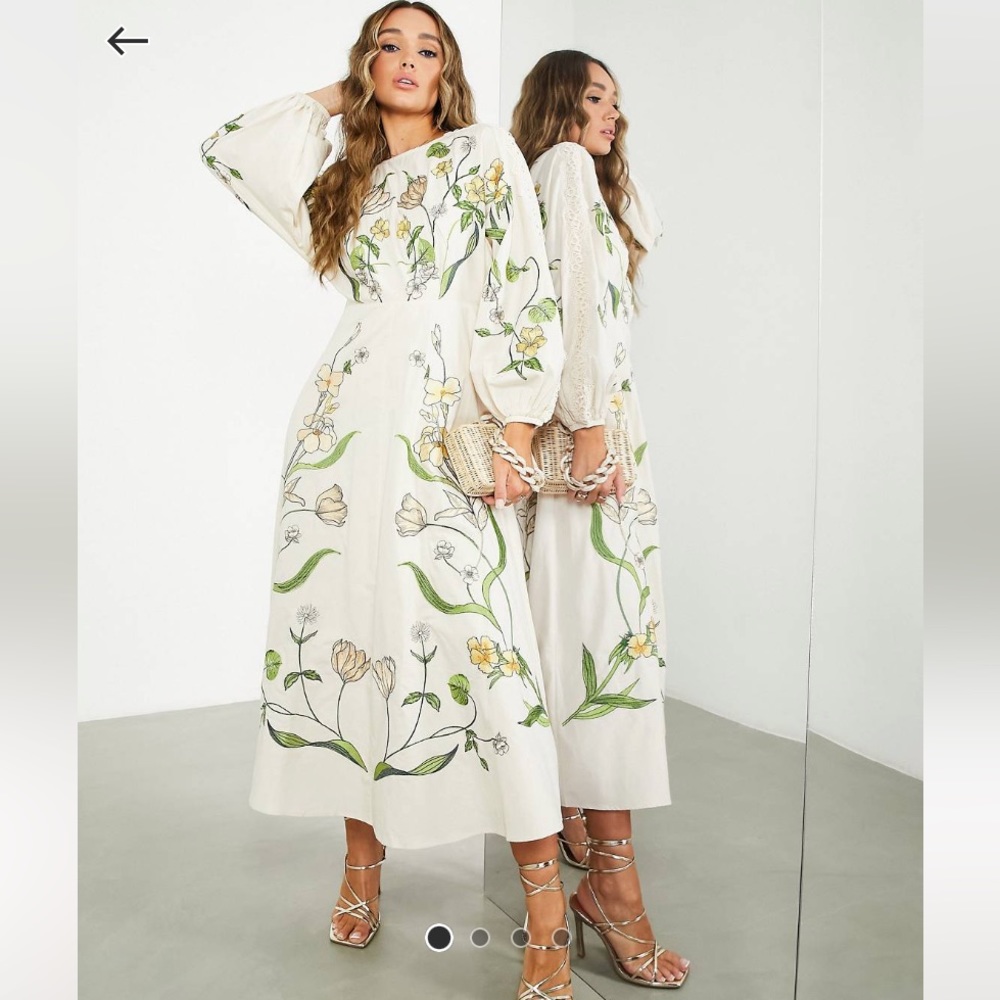 ASOS Edition large scale floral and leaf embroidered midi dress in cream